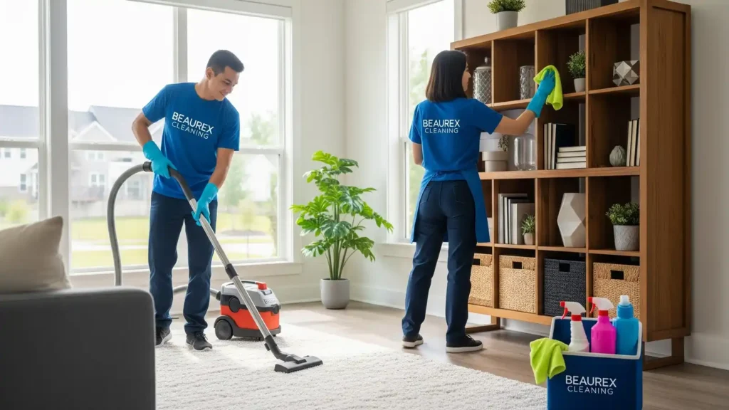 Professional cleaner in blue uniform holding cleaning supplies – Cleaning Services in Reservoir.
