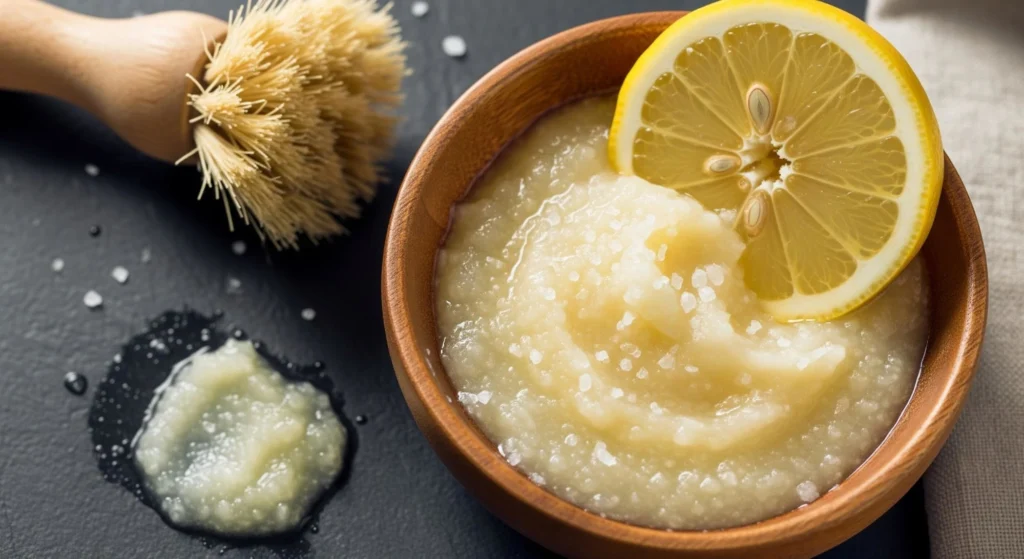 A wooden bowl containing a thick paste made of lemon juice and salt, garnished with a fresh lemon slice.
