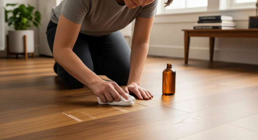 Close-up of a person repairing deep scratches on a wooden floor using a soft cloth and a liquid wood restorer from an amber bottle.
