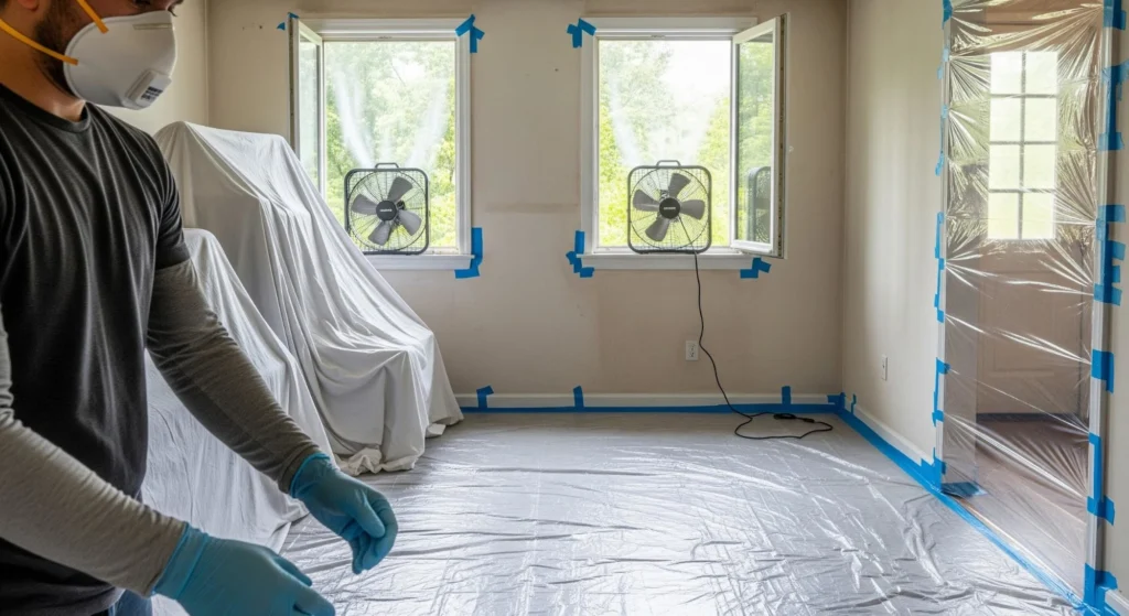 A room prepared for mold removal with plastic sheeting covering the floor and furniture, and box fans placed in open windows for ventilation. 