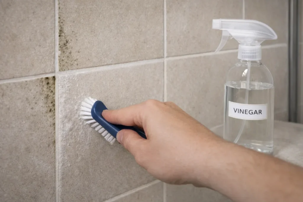 A hand using a small blue scrub brush to clean dark mold spots off beige bathroom wall tiles, next to a spray bottle labeled "VINEGAR." 