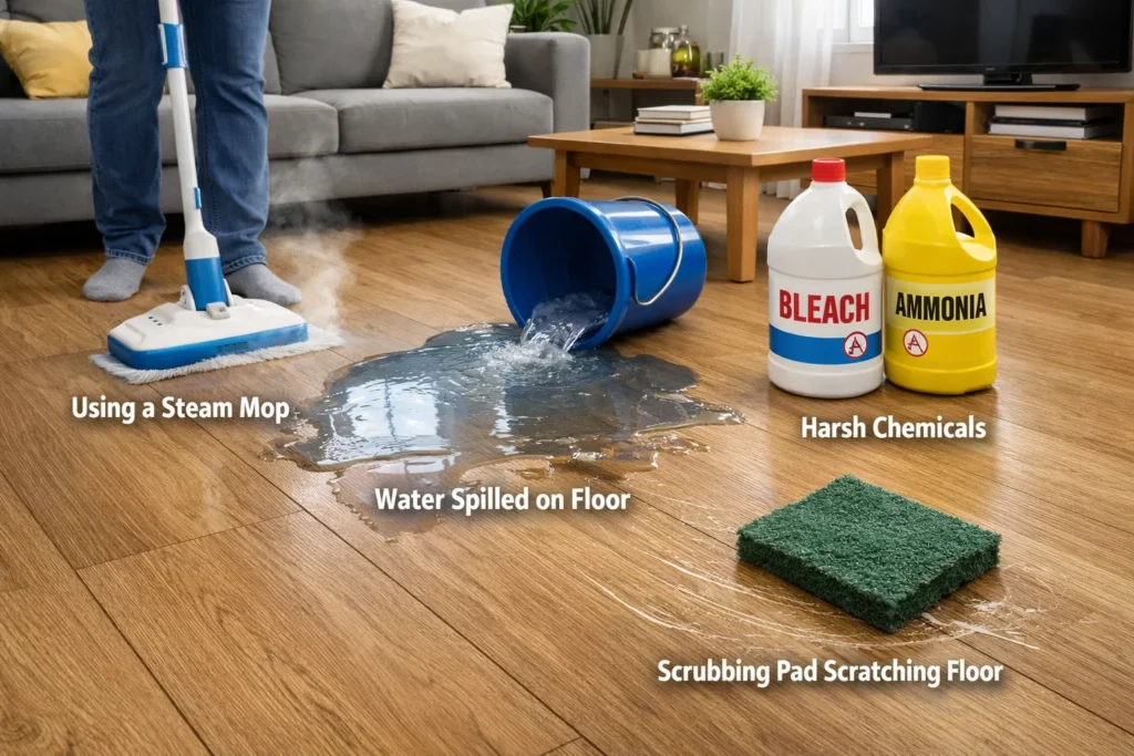 A visual guide showing four common mistakes when cleaning laminate floors: steam mopping, excessive water, harsh chemicals like bleach or ammonia, and abrasive scrubbing pads. 