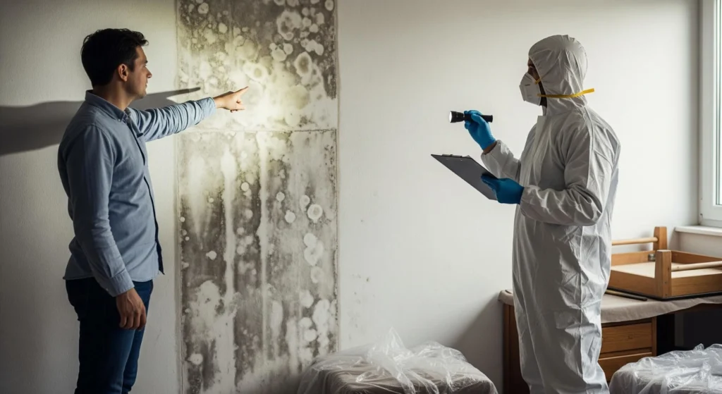 A homeowner pointing at a large, floor-to-ceiling patch of mold on a wall while a professional inspector in a full white hazmat suit examines it with a flashlight. 