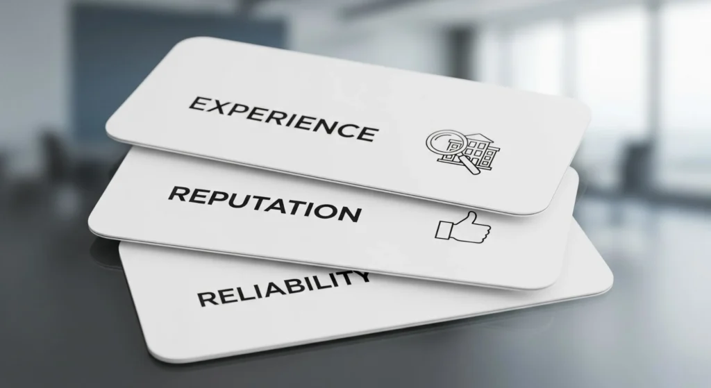 Three white 3D cards stacked on a reflective grey surface, each featuring a key criteria for hiring: EXPERIENCE (with a magnifying glass icon), REPUTATION (with a thumbs-up icon), and RELIABILITY. 