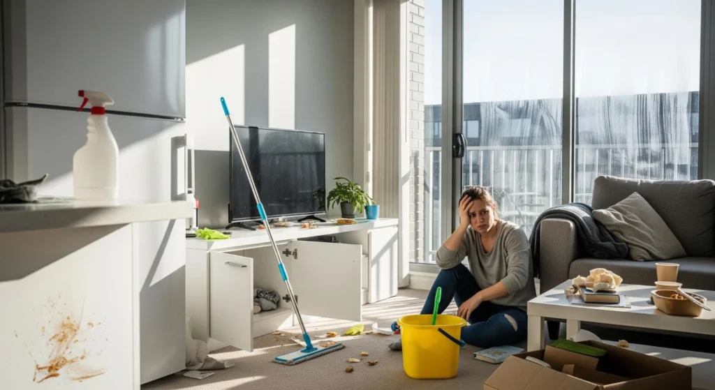 A frustrated woman sitting on the floor of a messy apartment surrounded by cleaning supplies and clutter, illustrating common bond cleaning challenges. 