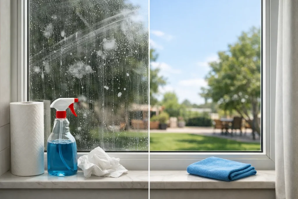 A side-by-side comparison of a streaky window cleaned with paper towels versus a perfectly clear window cleaned with a microfiber cloth. 
