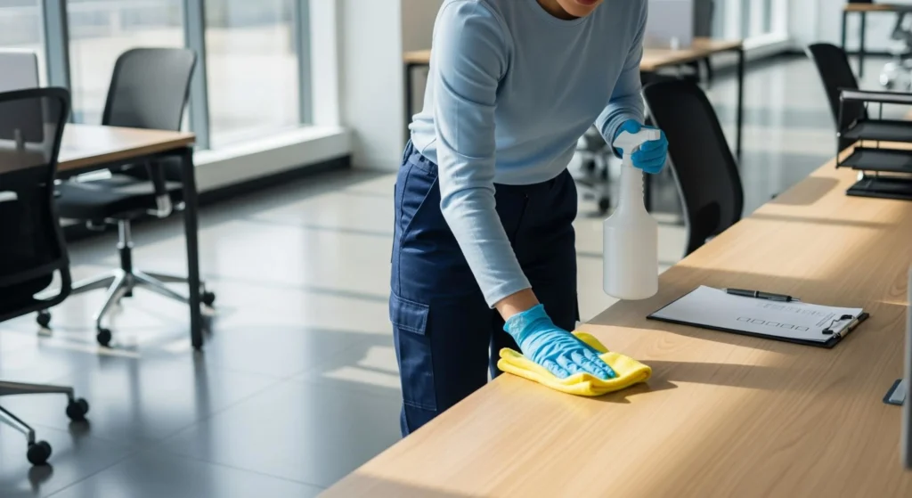 A commercial cleaner in blue uniform and gloves wiping down an office desk with a yellow microfiber cloth and spray bottle next to a compliance checklist. 
