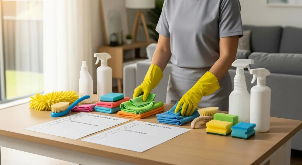 A cleaning professional in yellow gloves organizing colorful microfiber cloths, sponges, and brushes next to a "Regular Maintenance" and "Deep Cleaning" checklist. 