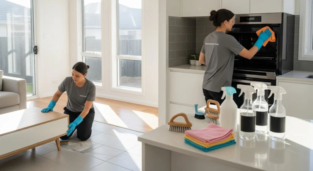 Two professional cleaners in grey uniforms deep cleaning a modern home kitchen and living area.