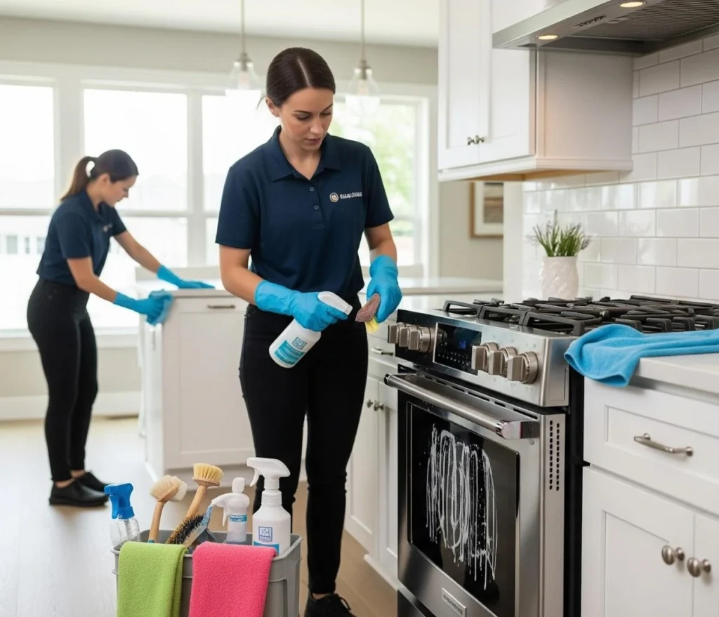 Two professional cleaners in navy uniforms deep cleaning a modern white kitchen, focusing on a stainless steel oven and cabinetry. 