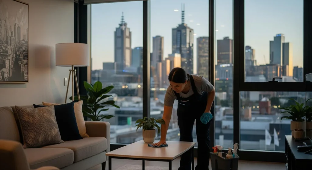 A professional cleaner in a dark apron wiping a coffee table in a modern high-rise apartment at sunset.
