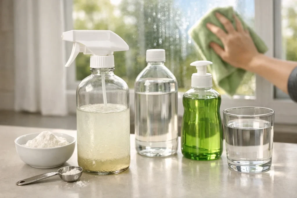 DIY window cleaning ingredients including cornstarch, vinegar, dish soap, and water arranged on a counter next to a glass spray bottle. 
