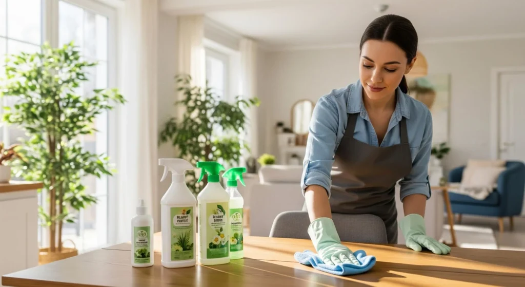 A woman in a grey apron wiping a wooden table with a blue microfiber cloth next to eco-friendly cleaning bottles. 