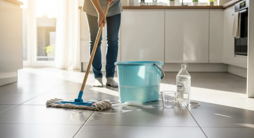 A person mopping a white tiled kitchen floor using a bucket of soapy water and a bottle of cleaning vinegar. 