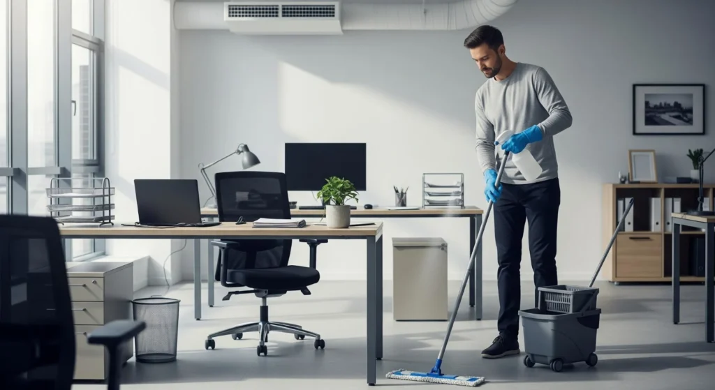 A male professional cleaner mopping an office floor while using a spray bottle to disinfect surfaces in a bright, minimalist workspace. 