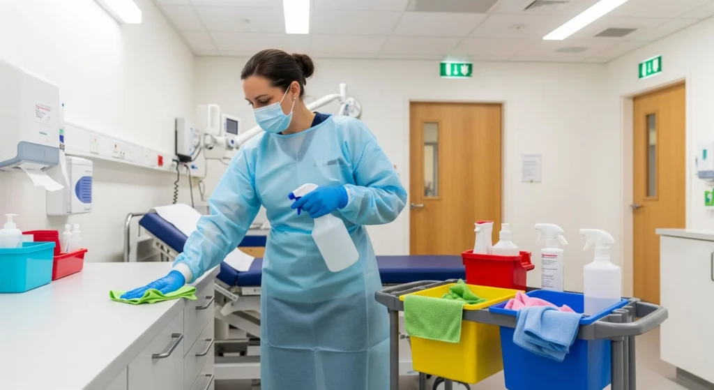A cleaner in full medical PPE sanitizing a countertop in a healthcare facility.