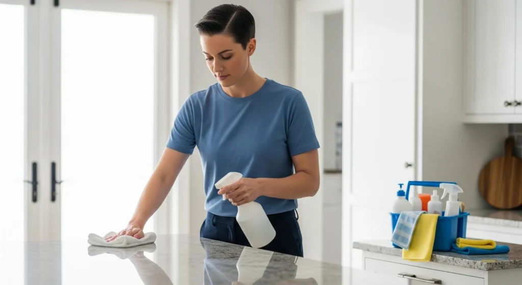 A professional cleaner wiping down a polished granite countertop with a white cloth and spray bottle in a bright kitchen. 