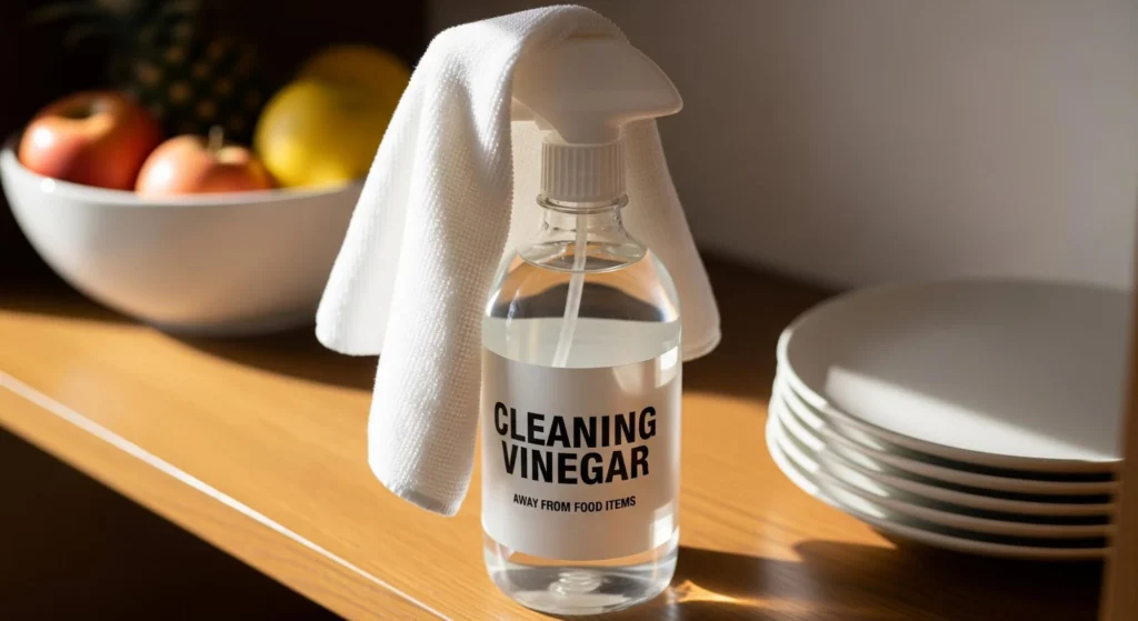  A spray bottle of cleaning vinegar with a white cloth draped over the nozzle, sitting on a wooden shelf. 