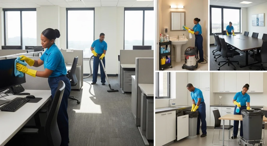 A collage of five photos showing commercial cleaners in blue uniforms and yellow gloves performing various tasks: dusting computer monitors, vacuuming office carpets, cleaning a restroom mirror, wiping a boardroom table, and emptying trash bins in a breakroom. 
