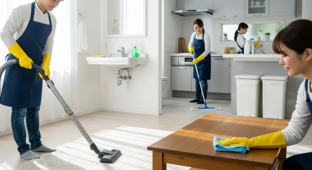  A team of professional cleaners in blue aprons and yellow gloves vacuuming, mopping, and dusting a modern apartment. 