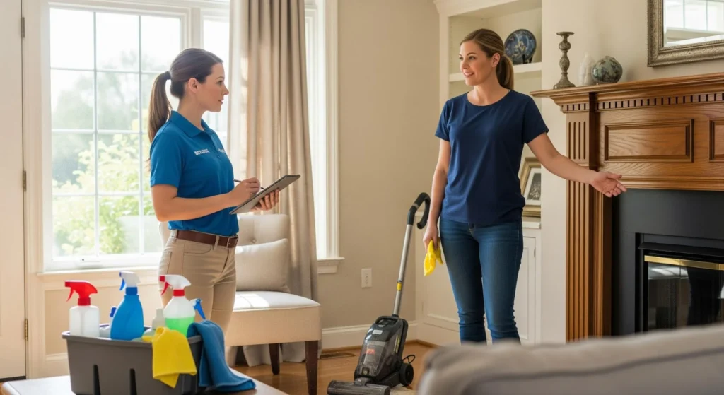 A cleaning service professional in a blue polo shirt taking notes on a tablet while speaking with a homeowner in a living room.