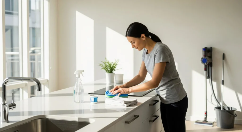 A woman carefully scrubbing a kitchen stovetop in a bright, modern apartment as part of a move-out cleaning process. 