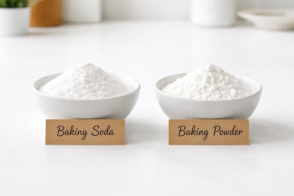 Side-by-side comparison of baking soda and baking powder in small white bowls with handwritten labels on a clean countertop.