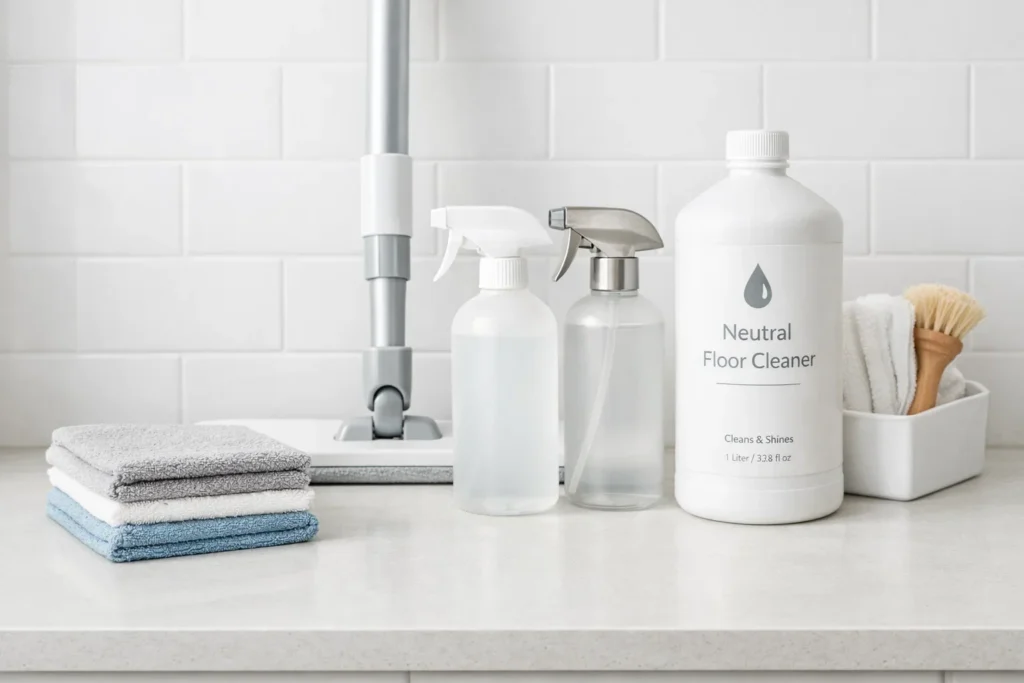 A collection of cleaning supplies including a large bottle of Neutral Floor Cleaner, spray bottles, microfiber cloths, and a mop.