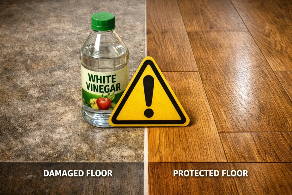 A warning comparison showing a bottle of white vinegar next to a yellow exclamation sign, contrasting a dull damaged floor with a shiny protected floor.