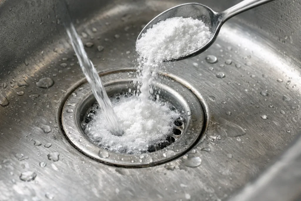 Pouring a spoonful of baking soda into a stainless steel sink drain to clear a clog.