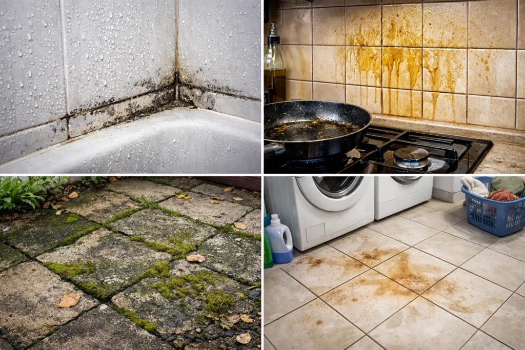 A four-panel collage showing dirty grout in a shower, a kitchen backsplash, outdoor stone pavers, and a laundry room floor.