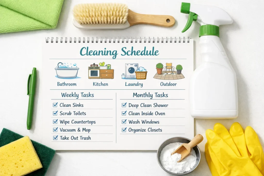 A cleaning schedule notebook surrounded by cleaning supplies like a spray bottle, scrub brush, and rubber gloves.