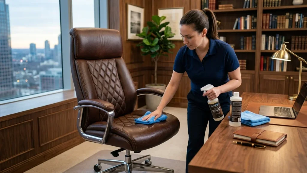 A woman in a blue polo shirt carefully wiping a brown quilted leather executive chair with a soft blue cloth and specialized leather cleaner.
