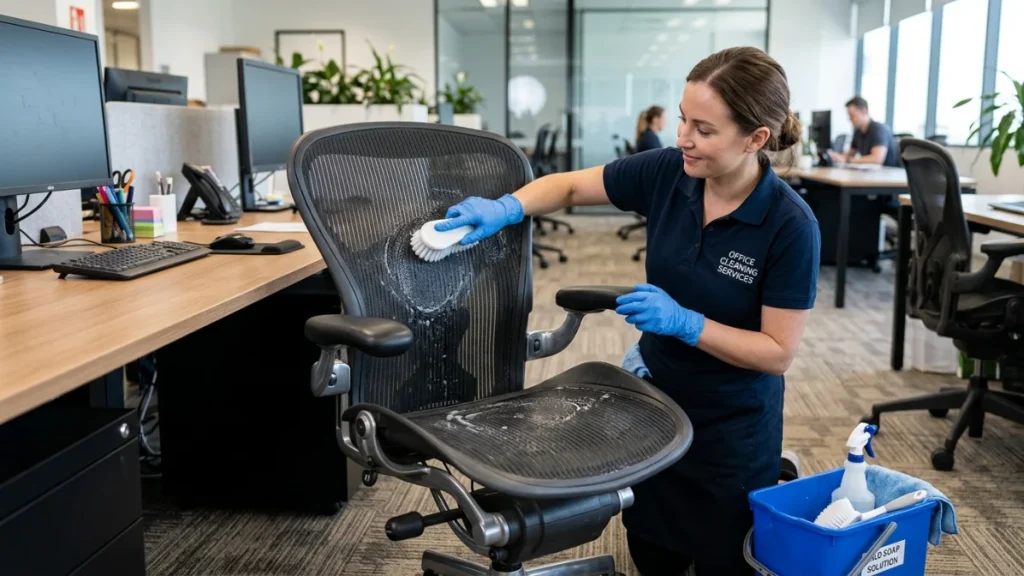 A cleaner using a white scrub brush and soapy water to clean the backrest of a black mesh ergonomic office chair.