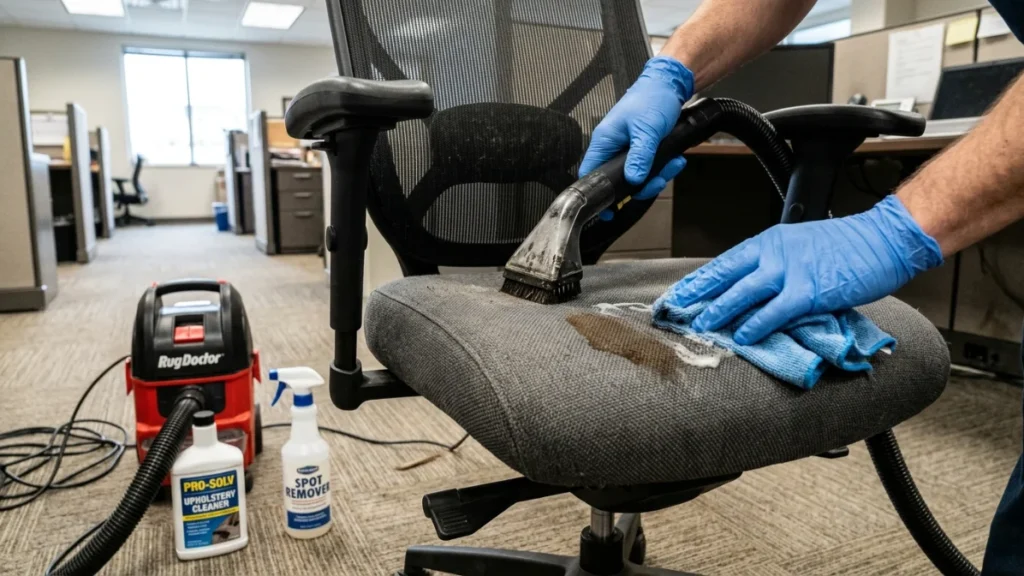 A cleaner using an upholstery vacuum attachment and spot remover spray to treat a large stain on a grey fabric office chair.