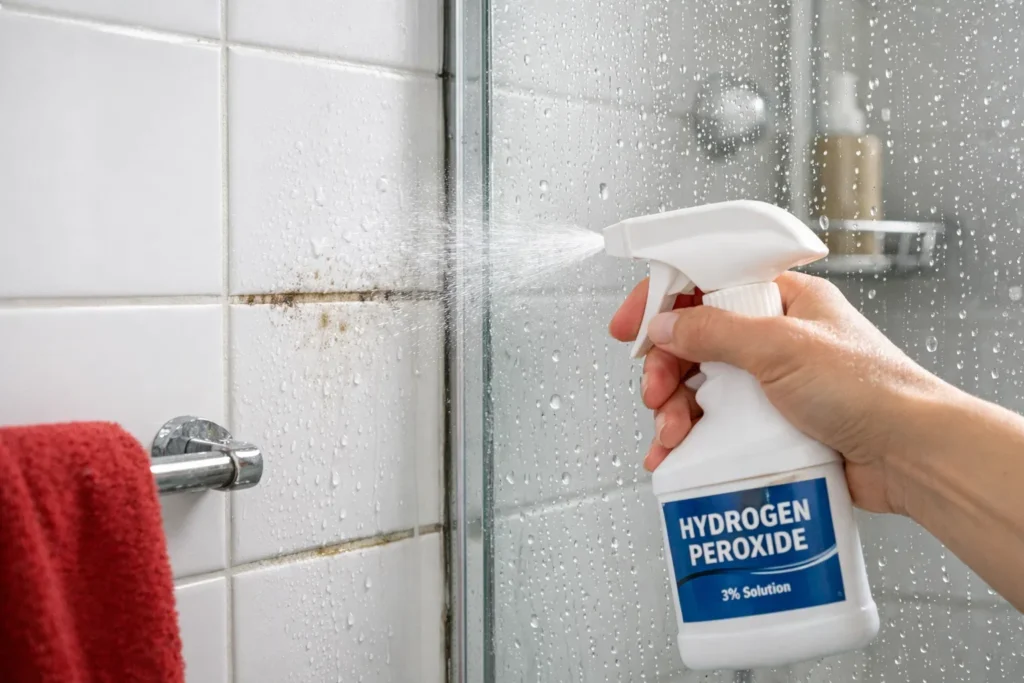 Spraying 3% hydrogen peroxide onto moldy shower tiles and grout for disinfection and cleaning.