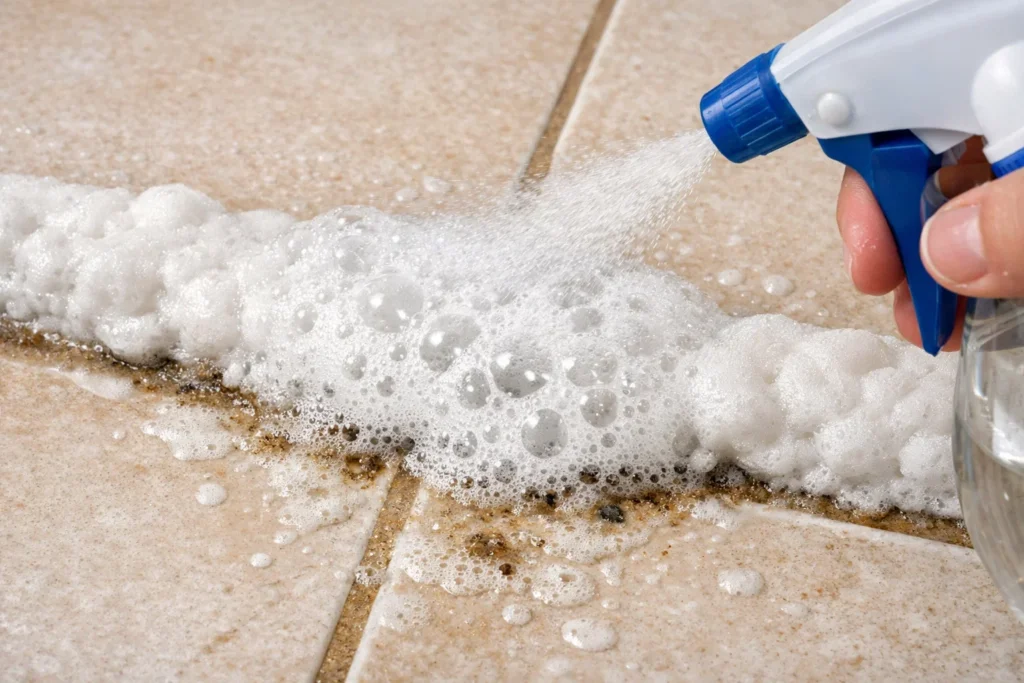 A thick white paste of baking soda and vinegar foaming over a dirty grout line on tan floor tiles.