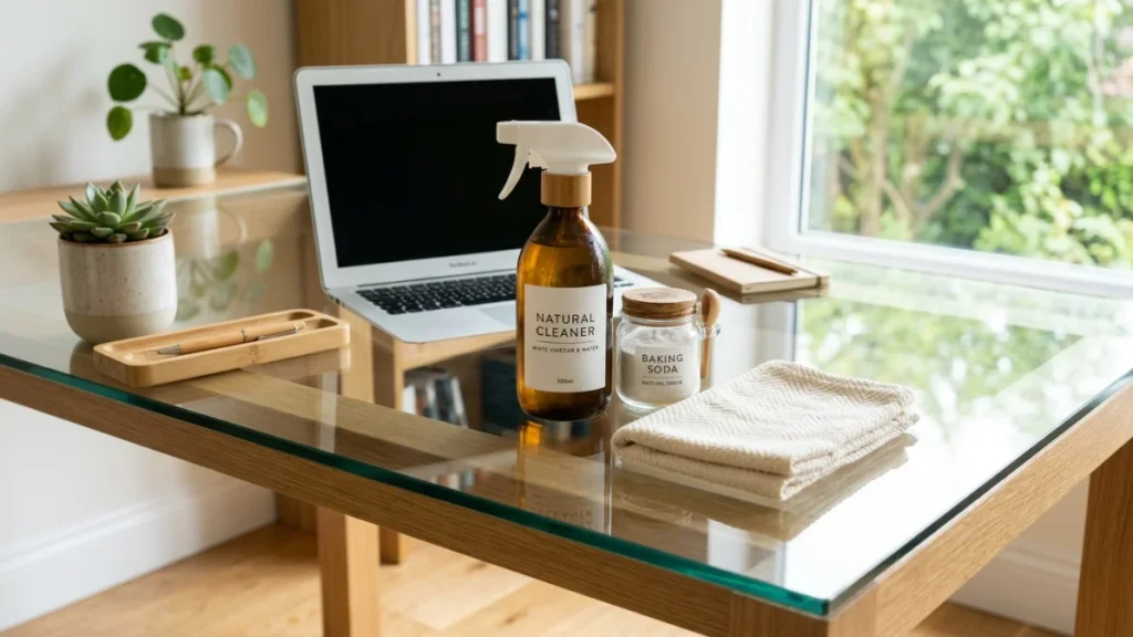 A glass-top desk featuring a bottle of "Natural Cleaner" made of white vinegar and water, a jar of baking soda, and a folded microfiber cloth.