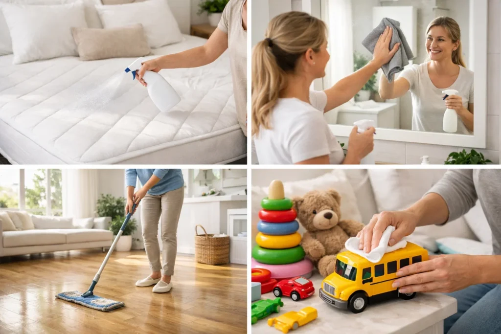 A collage of home cleaning tasks including sanitizing a mattress, cleaning a mirror, mopping hardwood floors, and wiping children's toys.