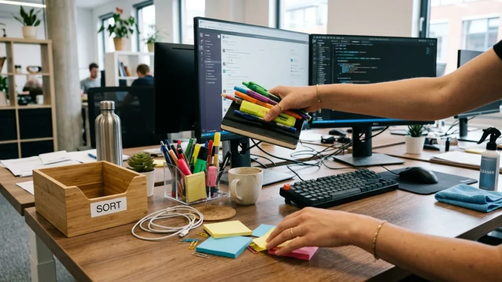 A person’s hands gathering pens, notebooks, and sticky notes from a cluttered wooden desk to prepare for cleaning.