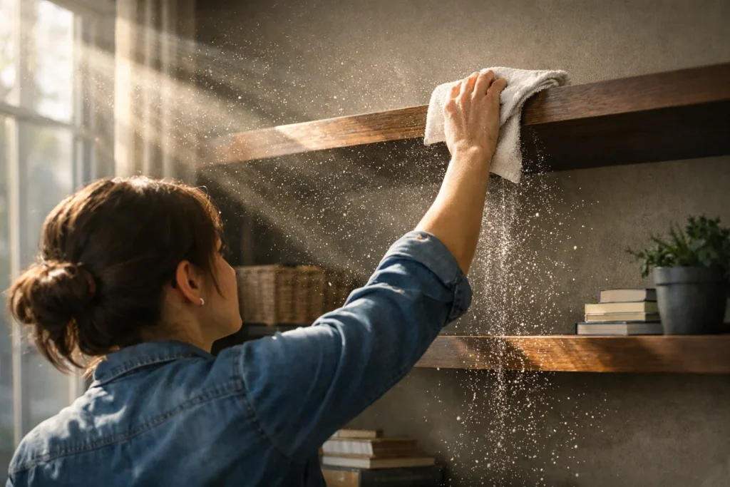 A woman dusting a high wooden shelf with a microfiber cloth, showing dust falling in the sunlight.