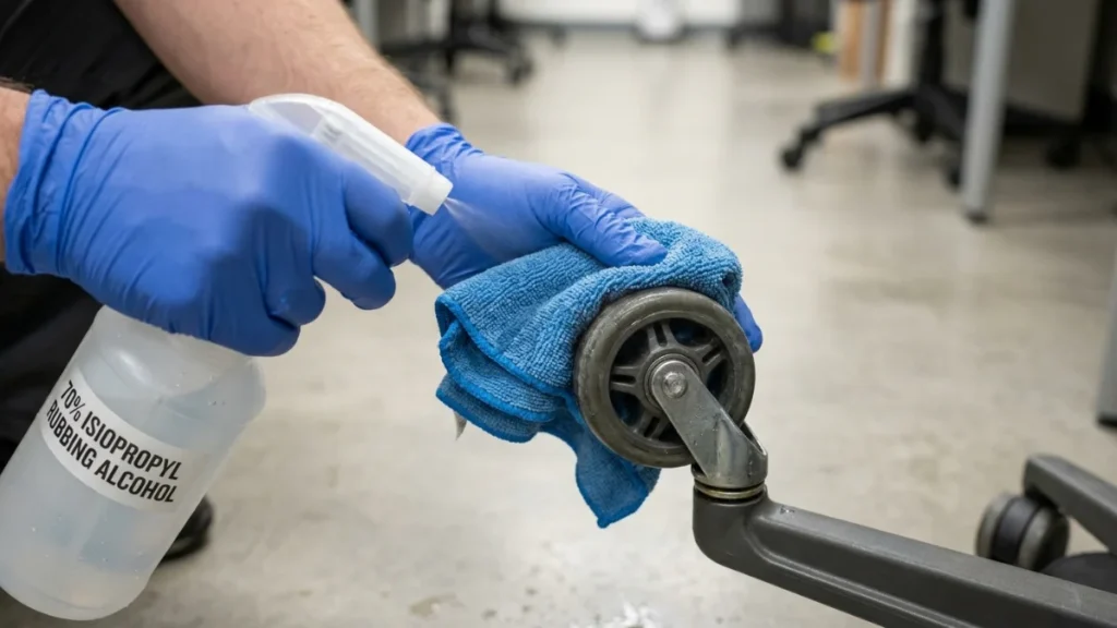 A close-up of hands in blue gloves spraying 70% isopropyl rubbing alcohol onto a blue cloth to wipe down an office chair wheel.