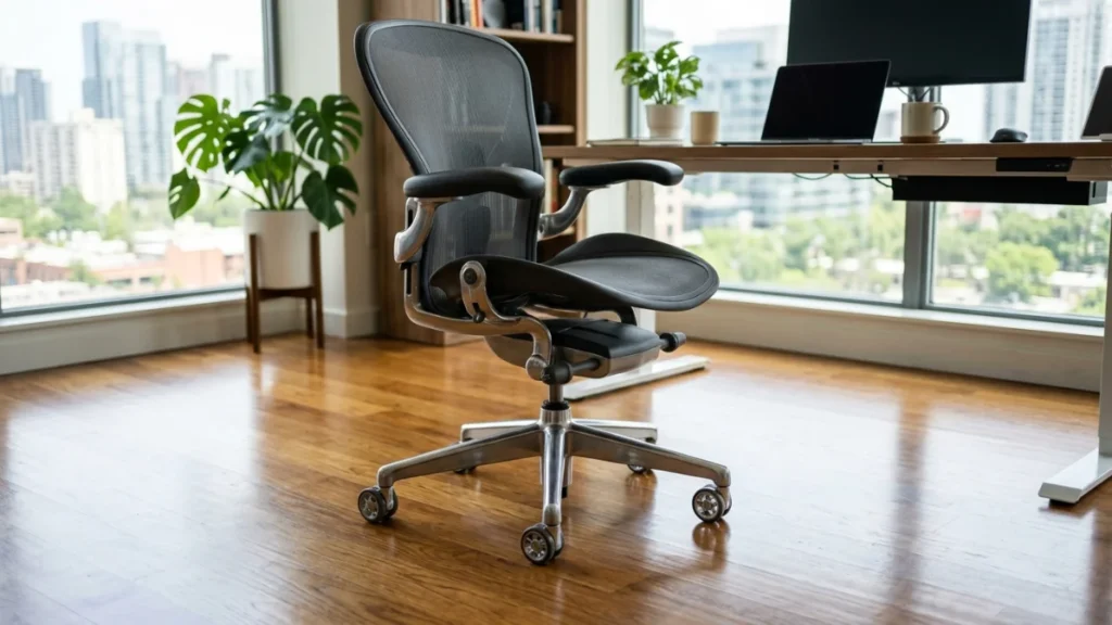 A clean, high-end ergonomic mesh office chair standing on a polished hardwood floor in a bright, modern office with a view.