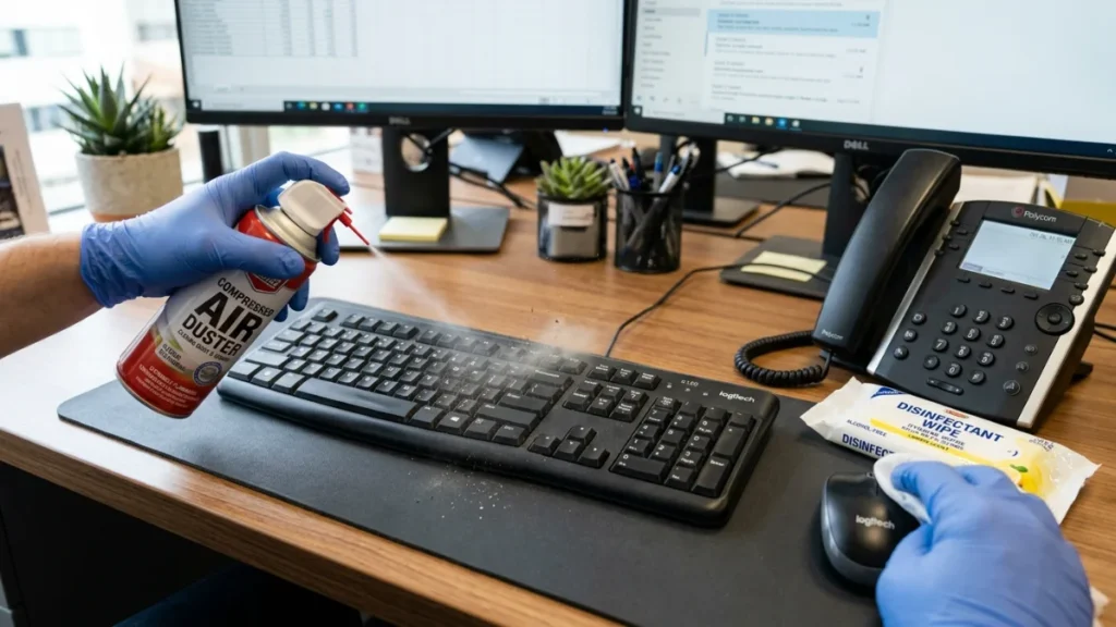 A person using a can of compressed air duster on a black keyboard while another hand uses a disinfectant wipe on a computer mouse.
