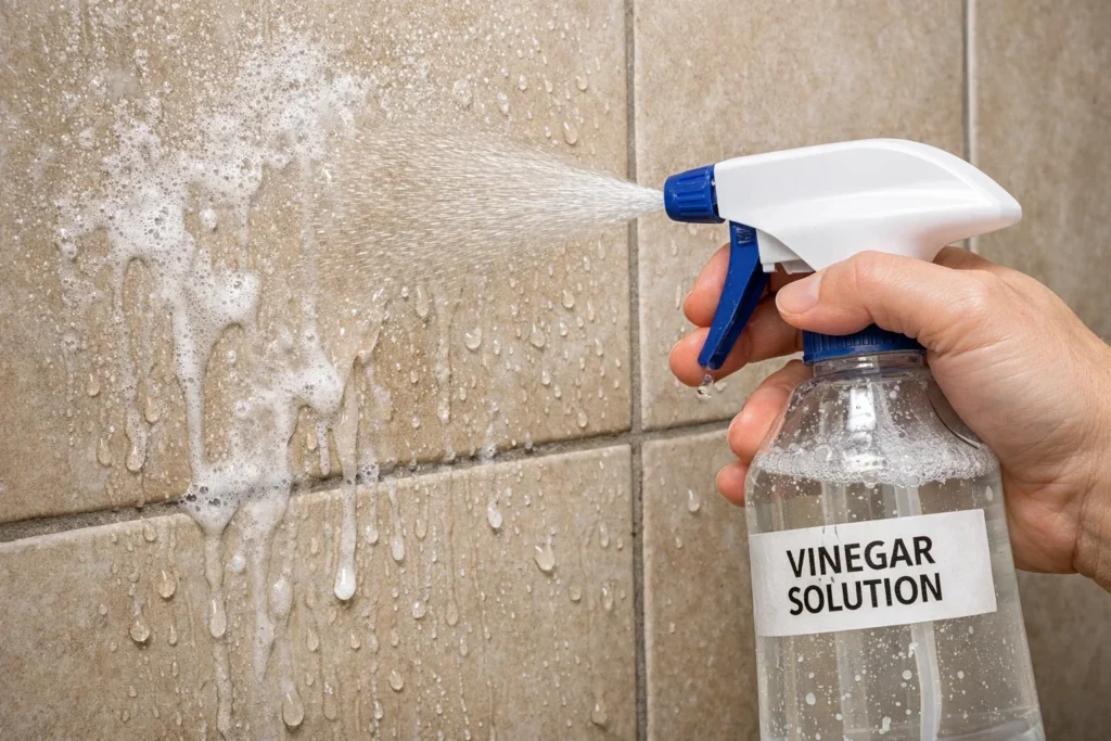 A hand holding a spray bottle labeled "VINEGAR SOLUTION" spraying a mist onto a beige tiled wall.