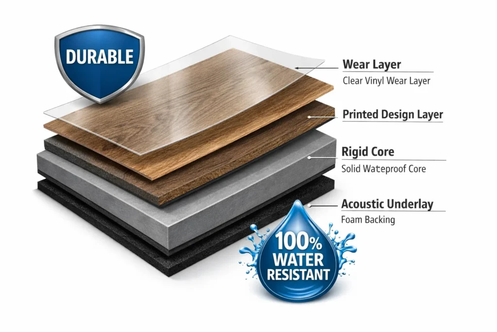 A 3D diagram showing the four layers of hybrid flooring: wear layer, design layer, rigid core, and acoustic underlay.
