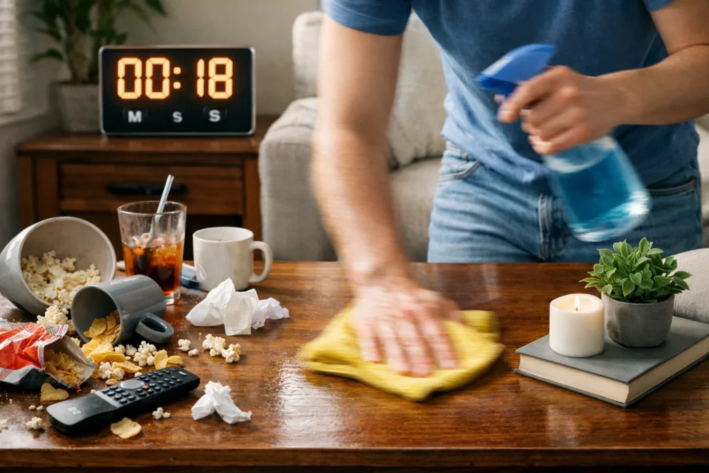 A person speed-cleaning a messy living room table with a digital timer set to 18 minutes in the background.
