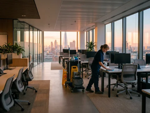 A professional cleaner wipes down a desk in a modern open-plan office during sunset, with a clear view of a city skyline through large windows.