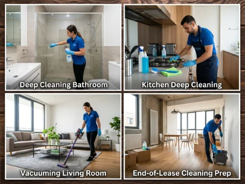 A four-part collage showcasing various cleaning tasks: bathroom deep cleaning, kitchen cleaning, living room vacuuming, and end-of-lease prep.